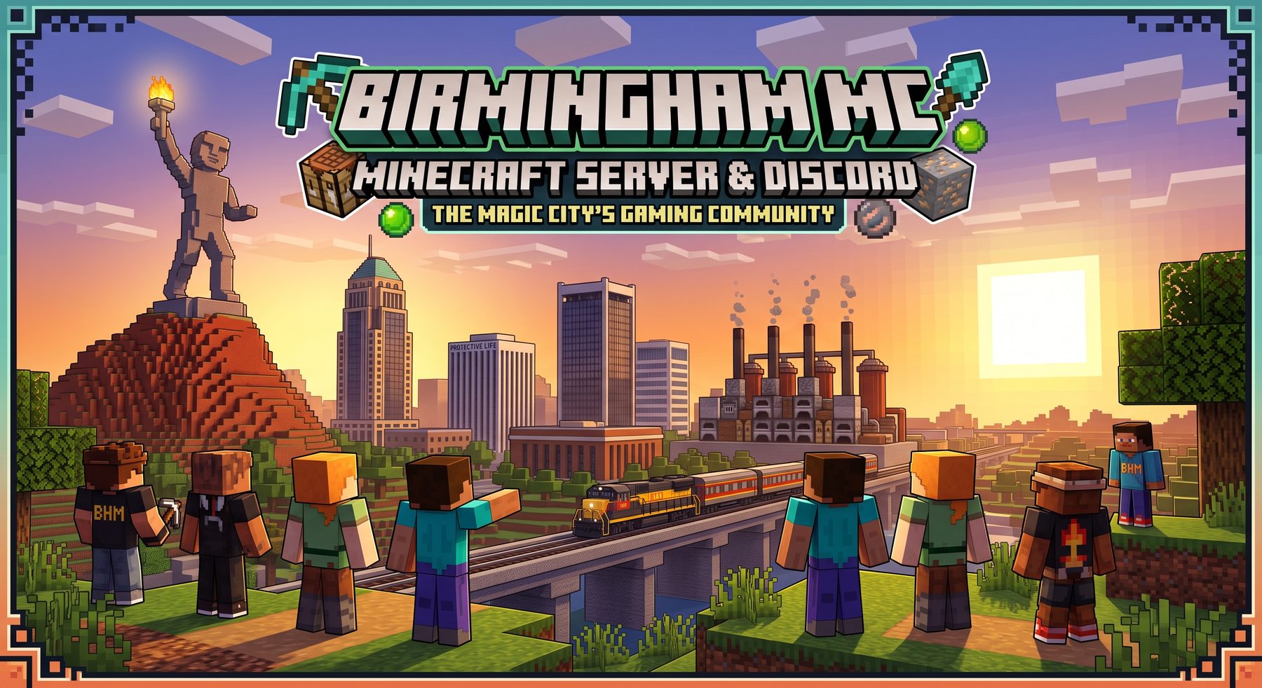 Birmingham MC - Minecraft server and Discord, the Magic City's gaming community. Pixel-art Birmingham skyline at sunset with the Vulcan statue on Red Mountain, a train crossing a trestle, and players standing in the grass.